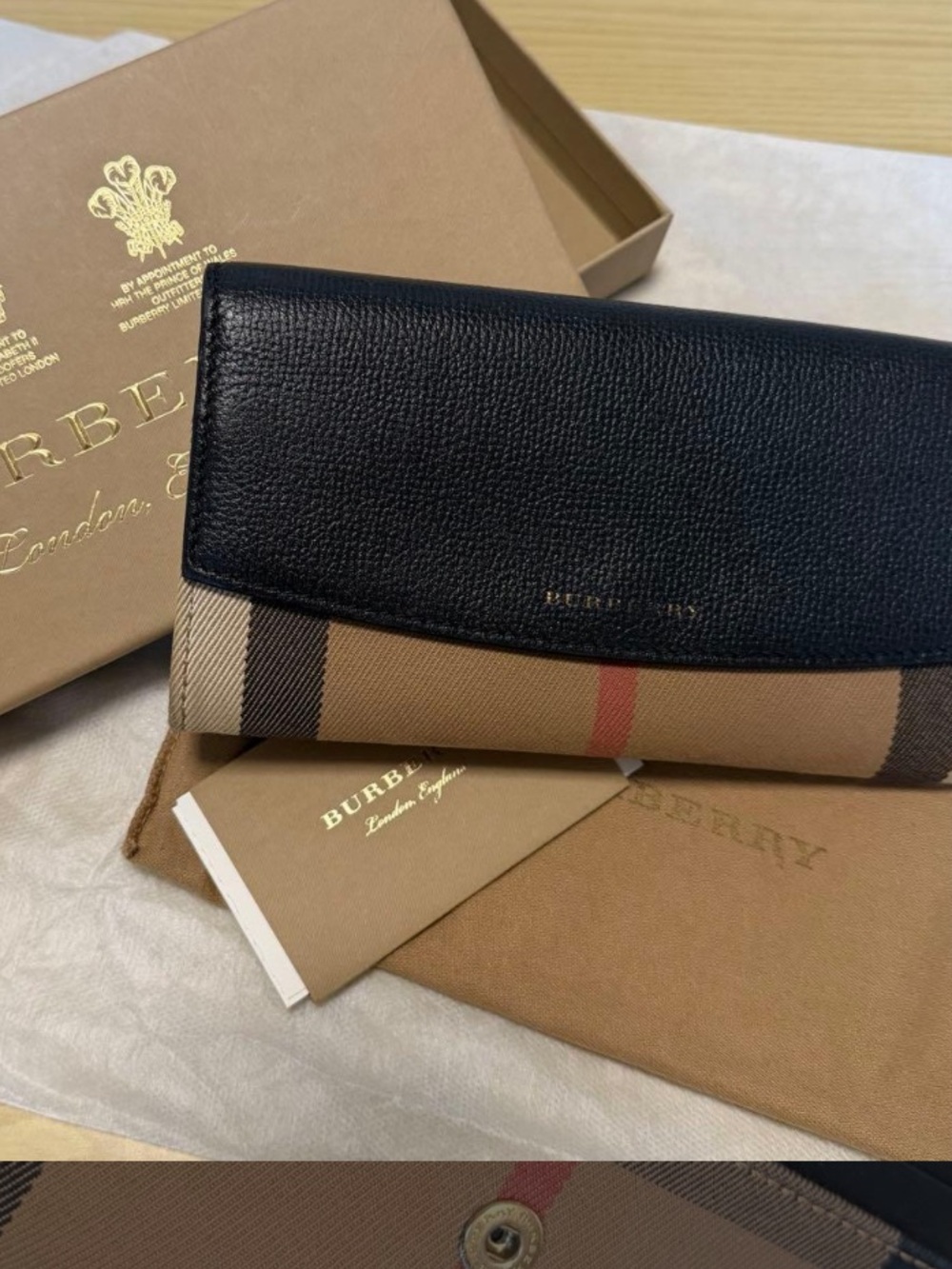 Burberry Black Leather & Vintage Haymarket Check Continental Wallet